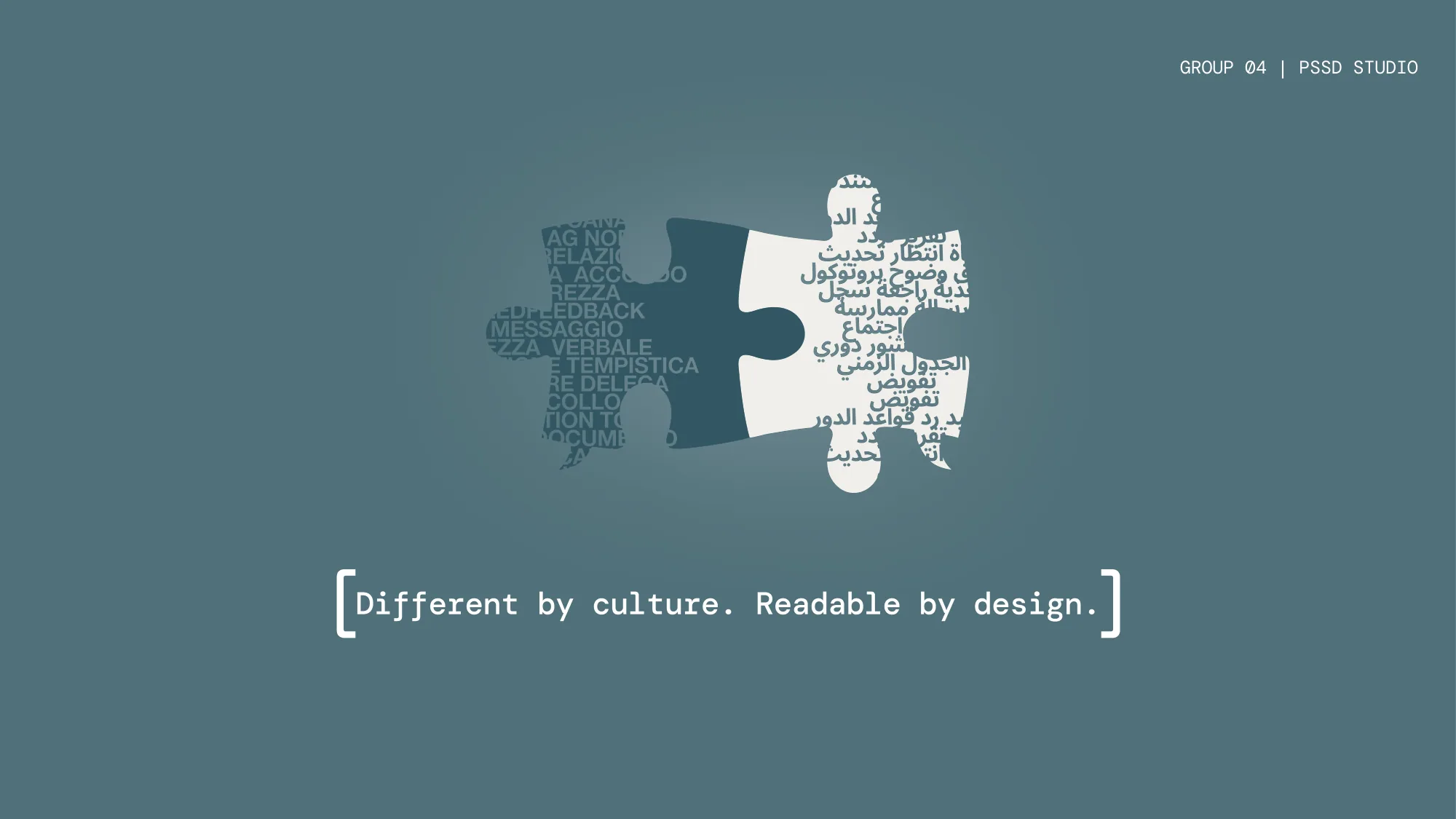 Two puzzle pieces, one filled with Italian words and one with Arabic, under the line: Different by culture. Readable by design.
